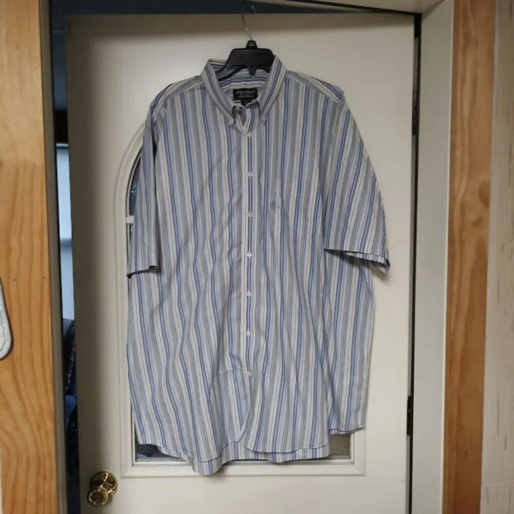 Eddie Bauer Blue Green Striped Short Sleeve Button Down Shirt Men's XXL Tall
